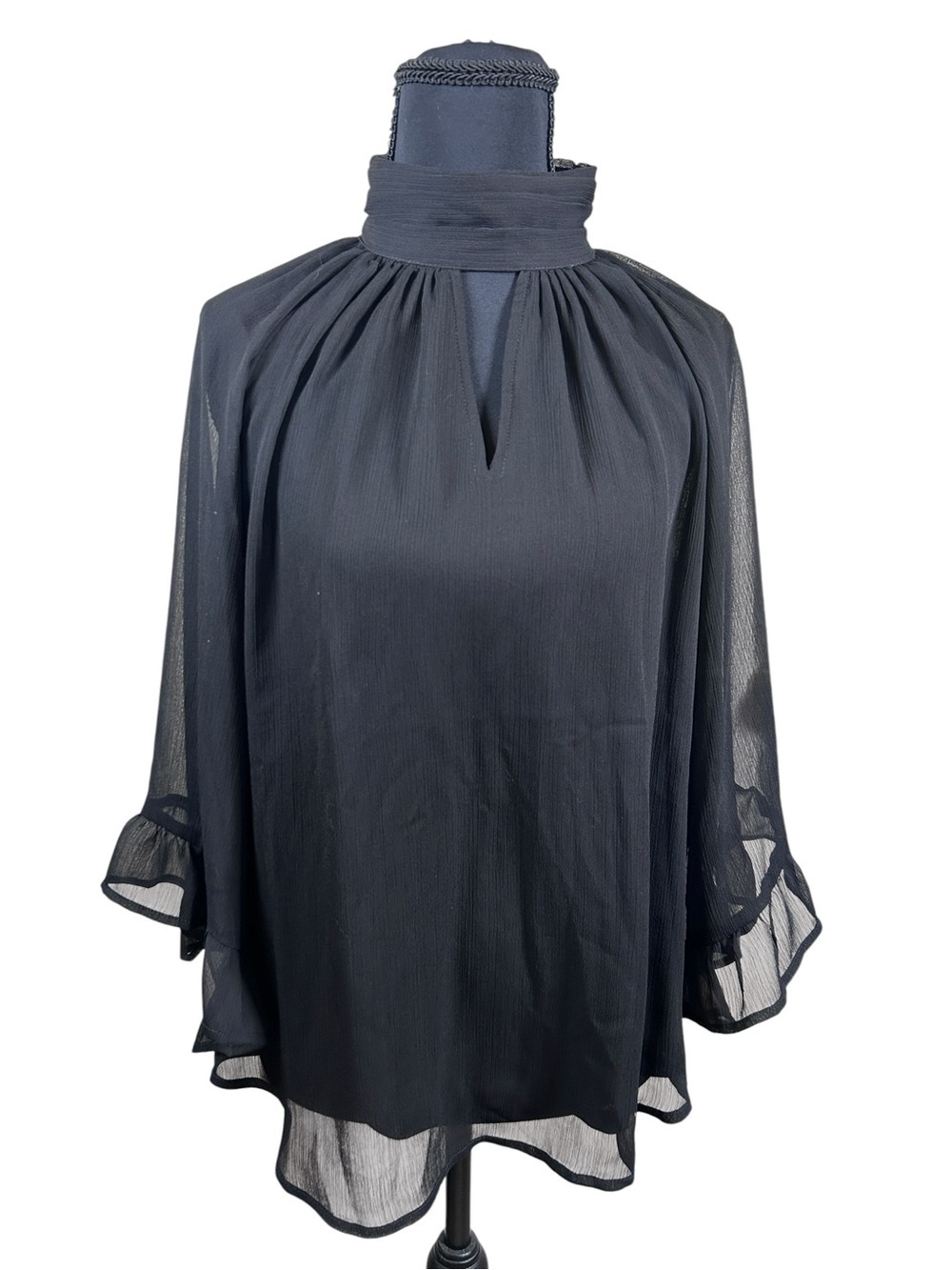 Anne Klein Pleated Sheer Keyhole Blouse Black Size S